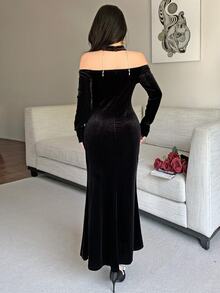 Feyla Women's Velvet Elegant Rhinestone Chain Sexy Cold Shoulder Dress Dinner Cocktail Black Fall - Black - View 7