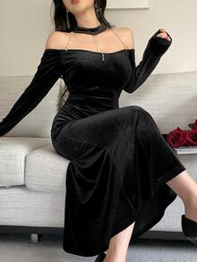 Feyla Women's Velvet Elegant Rhinestone Chain Sexy Cold Shoulder Dress Dinner Cocktail Black Fall - Black - View 4