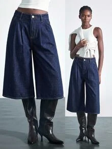 Maija 女款口袋百褶寬腿鬆垮休閒法式九分牛仔褲，秋冬穿搭，百慕達西裝褲，城市旅行日常穿著 - 藍色 - 查看 1