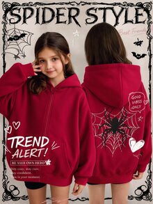 SHEIN 紅白色格紋蜘蛛女孩連帽拉鍊外套，秋季混搭街頭風哥德休閒衛衣，長袖抓絨，萬聖節校園紅色款 - 紅色 - 查看 4