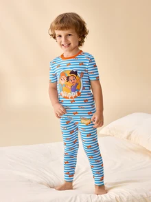 Blippi X SHEIN Young Boy Round Neck Short Sleeve Cartoon Pattern Slim Fit Loungewear - Blue - View 5