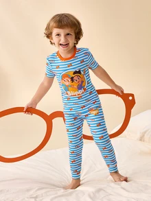 Blippi X SHEIN Young Boy Round Neck Short Sleeve Cartoon Pattern Slim Fit Loungewear - Blue - View 1