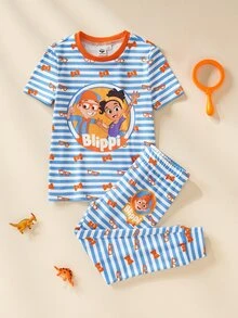 Blippi X SHEIN Young Boy Round Neck Short Sleeve Cartoon Pattern Slim Fit Loungewear - Blue - View 3
