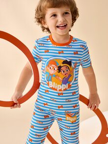 Blippi X SHEIN Young Boy Round Neck Short Sleeve Cartoon Pattern Slim Fit Loungewear - Blue - View 4