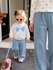 Baby Girl Casual Soft Thick Long Sleeve Crew Neck Pullover Sweatshirt & Wide Leg Pants Set, Suitable For Autumn/Winter - Multicolor - View 2