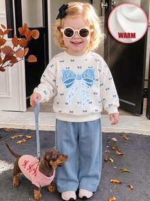 Baby Girl Casual Soft Thick Long Sleeve Crew Neck Pullover Sweatshirt & Wide Leg Pants Set, Suitable For Autumn/Winter - Multicolor - View 3