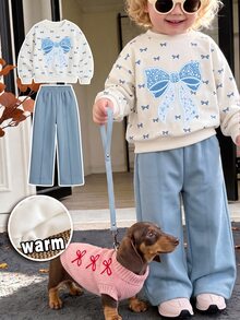 Baby Girl Casual Soft Thick Long Sleeve Crew Neck Pullover Sweatshirt & Wide Leg Pants Set, Suitable For Autumn/Winter - Multicolor - View 1