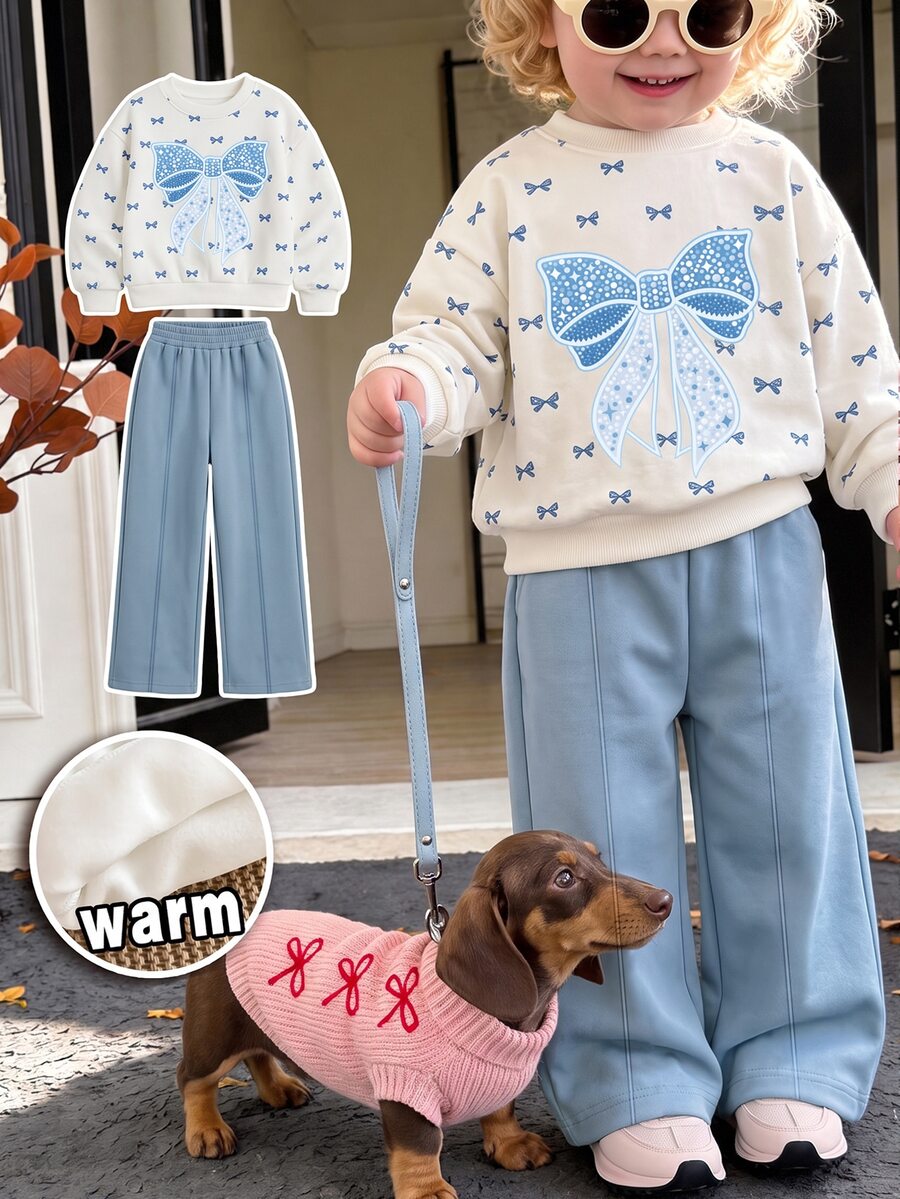 Baby Girl Casual Soft Thick Long Sleeve Crew Neck Pullover Sweatshirt & Wide Leg Pants Set, Suitable For Autumn/Winter - Multicolor - View 1