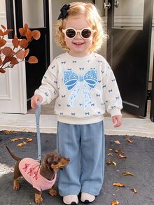 Baby Girl Casual Soft Thick Long Sleeve Crew Neck Pullover Sweatshirt & Wide Leg Pants Set, Suitable For Autumn/Winter - Multicolor - View 5