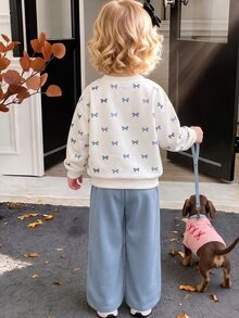 Baby Girl Casual Soft Thick Long Sleeve Crew Neck Pullover Sweatshirt & Wide Leg Pants Set, Suitable For Autumn/Winter - Multicolor - View 6
