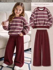 Young Girl 1pc Striped Kids Print Drop Shoulder Sweatshirt & 1pc Sweatpants - Multicolor - View 1