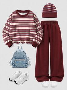 Young Girl 1pc Striped Kids Print Drop Shoulder Sweatshirt & 1pc Sweatpants - Multicolor - View 7