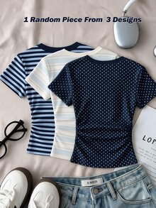 Teen Girls Casual Minimalist Blue & White Striped Print, Polka Dot, Round Neck Ruched Waist Fitted Short Sleeve T-Shirt, Suitable For Spring/Summer Versatile Style Y2K, Easy Comfort, Going Out Tops, Chill, Striped T-Shirt - Multicolor - View 2