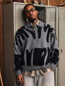 NEOSTRIT Men's Colorblock Lapel Long Sleeve Casual Loose Fit Sweater Pull, Sweaters Street College Style - Dark Grey - View 5