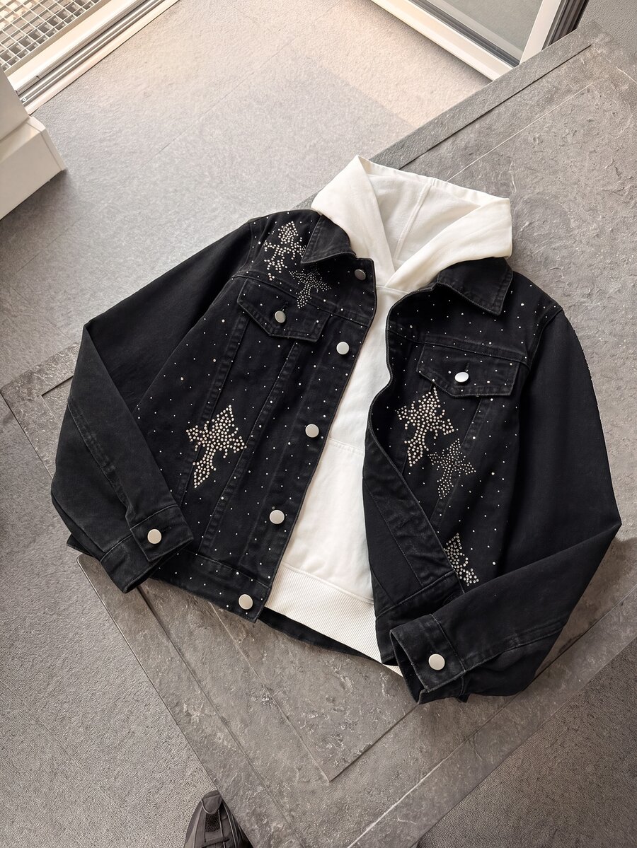 Tween Boy Shining Sequined Kids Cross Pattern Black Denim Loose And Comfortable Long-Sleeved Jacket - Black - View 1