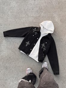 Tween Boy Shining Sequined Kids Cross Pattern Black Denim Loose And Comfortable Long-Sleeved Jacket - Black - View 5