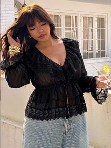 GalTyme Plus Size French Lace Tie-Up Ruffle Trim Blouse Fall Halloween Party Brunch Evening Date Night Out Black Gothic Romantic Sexy Elegant - Black - View 1