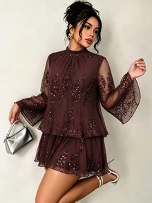 Cravure Plus Size Mock Neck Pleated Sequin Mesh Flounce Hem Long Sleeve Party Dress Christmas - Coffee Brown - View 5