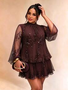 Cravure Plus Size Mock Neck Pleated Sequin Mesh Flounce Hem Long Sleeve Party Dress Christmas - Coffee Brown - View 6
