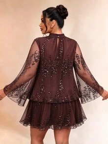 Cravure Plus Size Mock Neck Pleated Sequin Mesh Flounce Hem Long Sleeve Party Dress Christmas - Coffee Brown - View 2