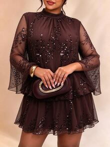 Cravure Plus Size Mock Neck Pleated Sequin Mesh Flounce Hem Long Sleeve Party Dress Christmas - Coffee Brown - View 7