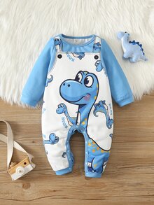 SHEIN 中性新生兒嬰兒男/女童、幼兒秋冬休閒可愛恐龍圖案連身衣，嬰兒冬季連身衣，聖誕節 - 藍色 - 查看 3