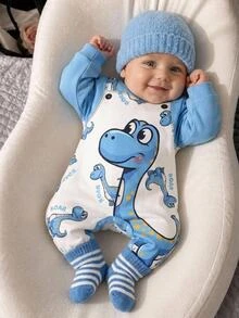SHEIN 中性新生兒嬰兒男/女童、幼兒秋冬休閒可愛恐龍圖案連身衣，嬰兒冬季連身衣，聖誕節 - 藍色 - 查看 1