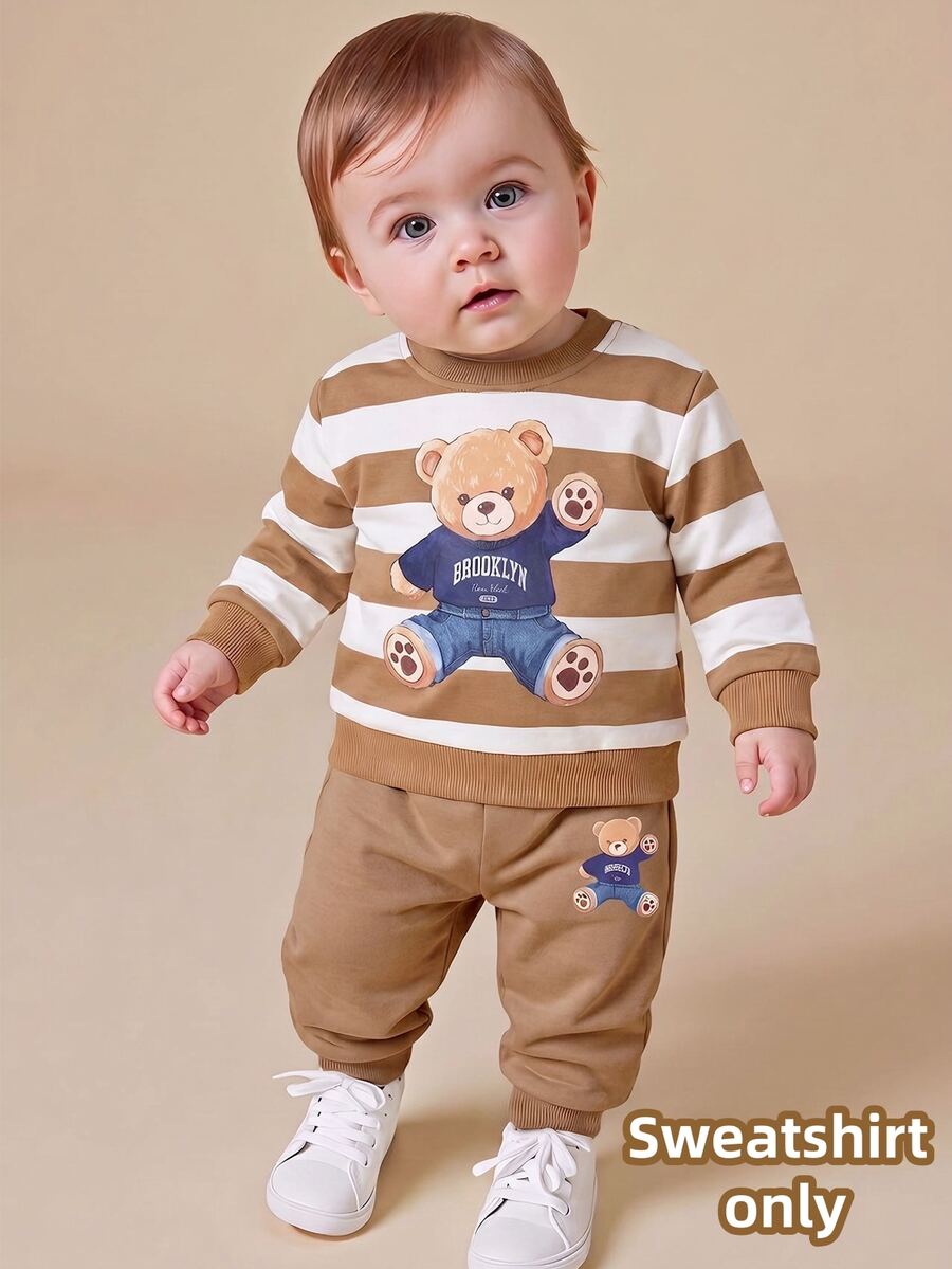 SHEIN Baby Boy Sweatshirt, Cute Brown Tan Striped Bear Print Ribbed Long Sleeve Round Neck Regular Outdoor Party Fall Halloween Holiday Top - Khaki - View 1