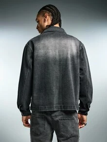 ROMWE MEN New American Street Style Distressed Black Denim Jacket Unisex Loose Drop Shoulder Patchwork Rhinestone Top Suitable For Multiple Occasions - Dark Grey - View 3