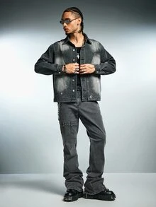 ROMWE MEN New American Street Style Distressed Black Denim Jacket Unisex Loose Drop Shoulder Patchwork Rhinestone Top Suitable For Multiple Occasions - Dark Grey - View 7
