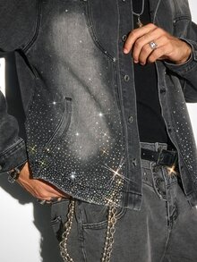 ROMWE MEN New American Street Style Distressed Black Denim Jacket Unisex Loose Drop Shoulder Patchwork Rhinestone Top Suitable For Multiple Occasions - Dark Grey - View 2
