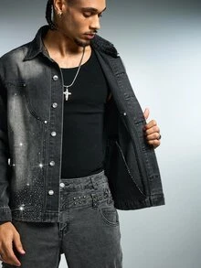 ROMWE MEN New American Street Style Distressed Black Denim Jacket Unisex Loose Drop Shoulder Patchwork Rhinestone Top Suitable For Multiple Occasions - Dark Grey - View 9
