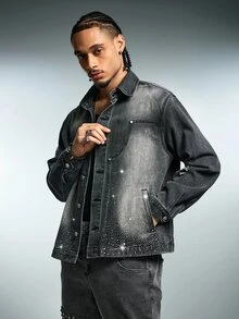 ROMWE MEN New American Street Style Distressed Black Denim Jacket Unisex Loose Drop Shoulder Patchwork Rhinestone Top Suitable For Multiple Occasions - Dark Grey - View 4