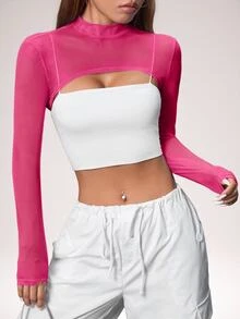 SHEIN PETITE 女款立領高低下擺短版上衣，適合嬌小身型女性 - 玫紅色 - 查看 1