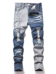 SHEIN Kids Tween Boy Retro Streetwear Dark Blue Denim Ripped Stretch Tight Skinny Jeans Back-To-School School Autumn - Blue - View 7