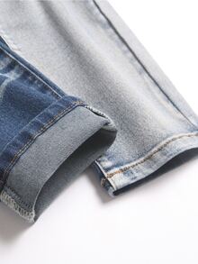 SHEIN Kids Tween Boy Retro Streetwear Dark Blue Denim Ripped Stretch Tight Skinny Jeans Back-To-School School Autumn - Blue - View 4