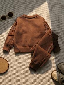 Baby Boy Cable Knit Sweater And Knitted Pants Set Winter - Khaki - View 2