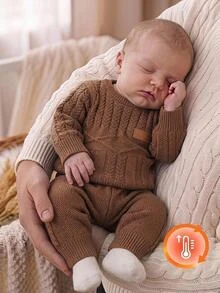 Baby Boy Cable Knit Sweater And Knitted Pants Set Winter - Khaki - View 3