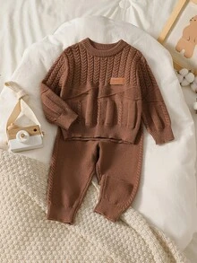 Baby Boy Cable Knit Sweater And Knitted Pants Set Winter - Khaki - View 9