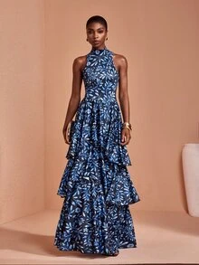 JIAN LASALA Blue Leaves Halter Neckline Sleeveless Double Uneven Ruffle Hemline Long Dress Elegant Vacation - Multicolor - View 6