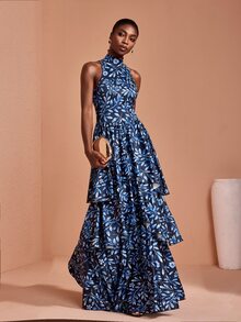 JIAN LASALA Blue Leaves Halter Neckline Sleeveless Double Uneven Ruffle Hemline Long Dress Elegant Vacation - Multicolor - View 1