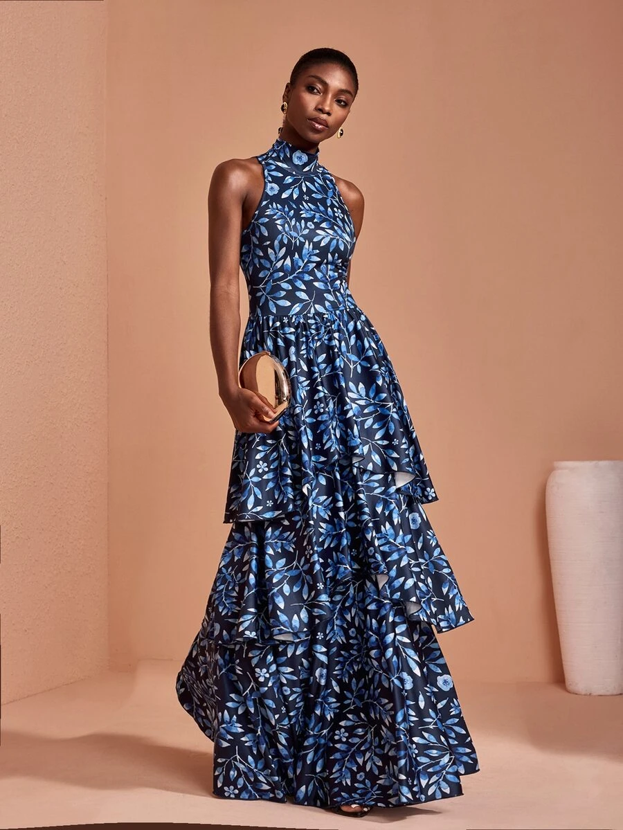 JIAN LASALA Blue Leaves Halter Neckline Sleeveless Double Uneven Ruffle Hemline Long Dress Elegant Vacation - Multicolor - View 1