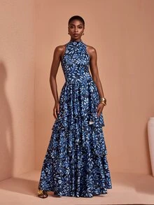 JIAN LASALA Blue Leaves Halter Neckline Sleeveless Double Uneven Ruffle Hemline Long Dress Elegant Vacation - Multicolor - View 4
