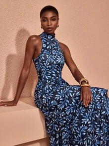 JIAN LASALA Blue Leaves Halter Neckline Sleeveless Double Uneven Ruffle Hemline Long Dress Elegant Vacation - Multicolor - View 3