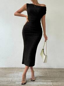 SHEIN Women'S Oblique Shoulder Ruffled Dress Maxi Women Outfit Party Black Spring To Summer - Black - View 7