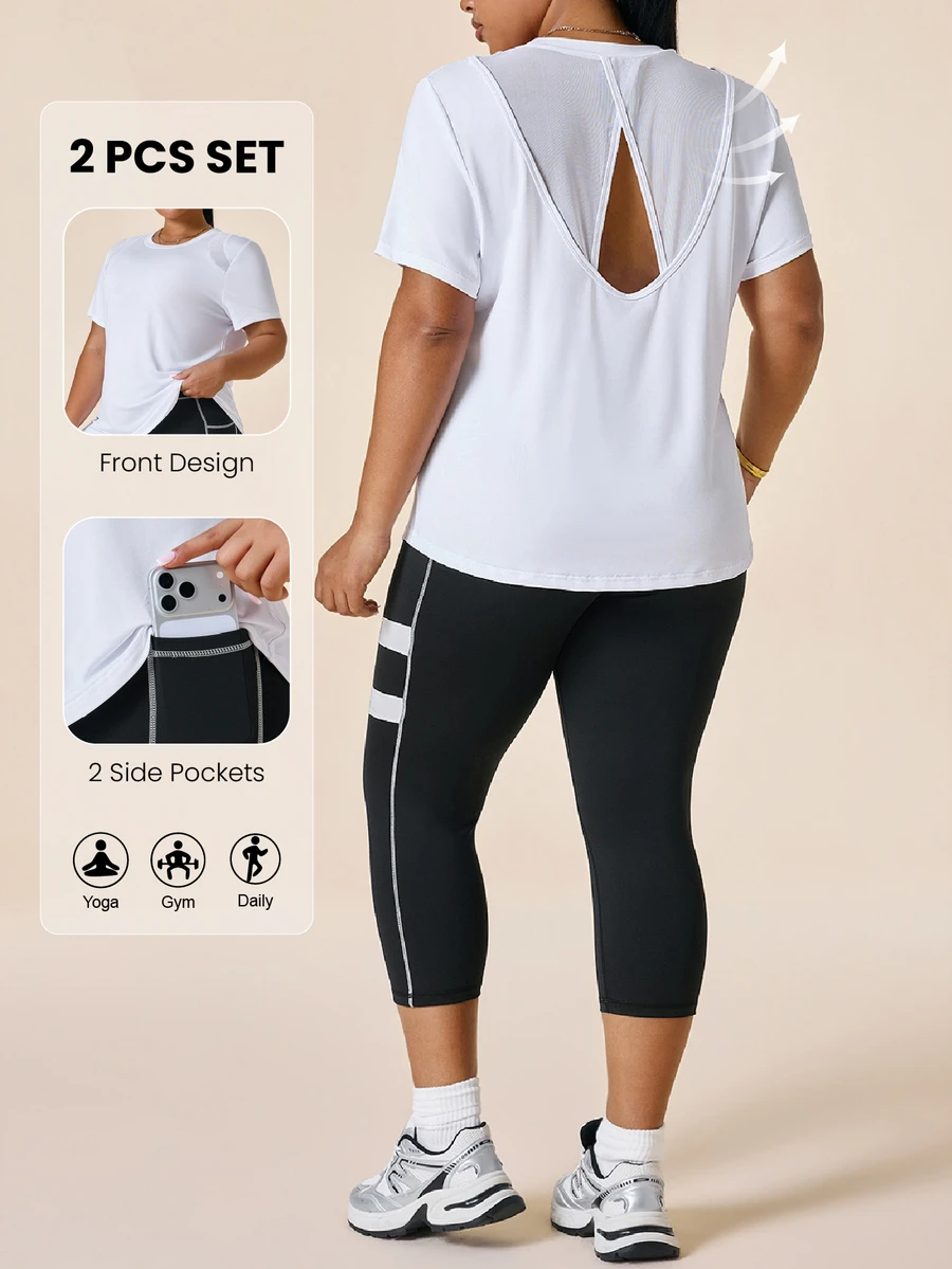 SHEIN Rhythm Era طقم رياضي للنساء بمقاسات كبيرة يتكون من ملابس علوية بأكمام قصيرة وبنطلون بطول 3/4 بتصميم مخطط وألوان متباينة - متعدد الألوان - مشاهدة 1
