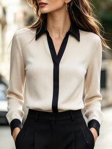 SHEIN Women's Elegant Patchwork Contrast Color Design Long Sleeve Corduroy Shirt - Apricot - View 3