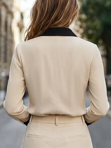 SHEIN Women's Elegant Patchwork Contrast Color Design Long Sleeve Corduroy Shirt - Apricot - View 2