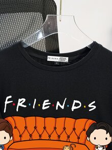 FRIENDS X SHEIN Casual Loose Round Neck Short Sleeve Women T-Shirt, Suitable For Summer Suitable For Going Out - Black - View 4