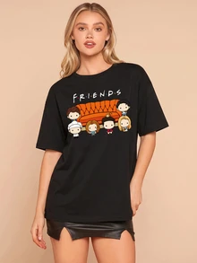 FRIENDS X SHEIN Casual Loose Round Neck Short Sleeve Women T-Shirt, Suitable For Summer Suitable For Going Out - Black - View 1